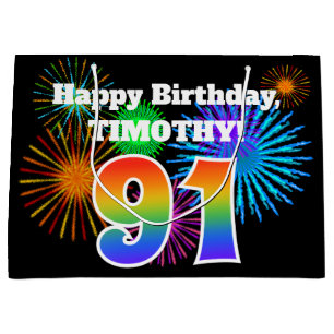 Fun Fireworks + Rainbow Pattern "91" Birthday # Large Gift Bag