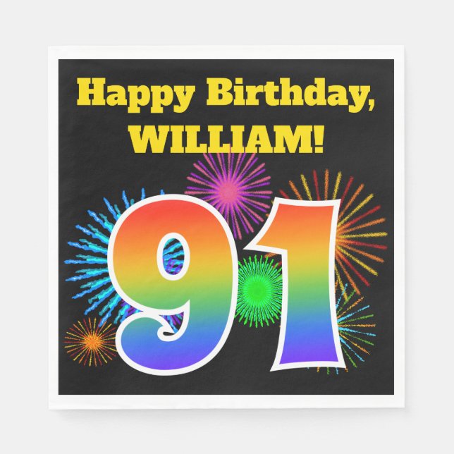 Fun Fireworks + Rainbow Pattern "91" Birthday # Napkin (Front)