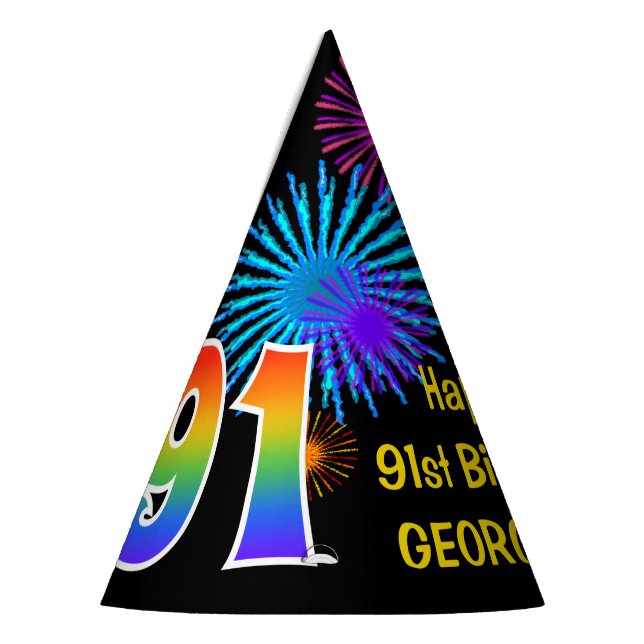 Fun Fireworks + Rainbow Pattern "91" Birthday # Party Hat (Left)