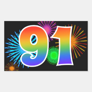 Fun Fireworks + Rainbow Pattern "91" Event Number Sticker