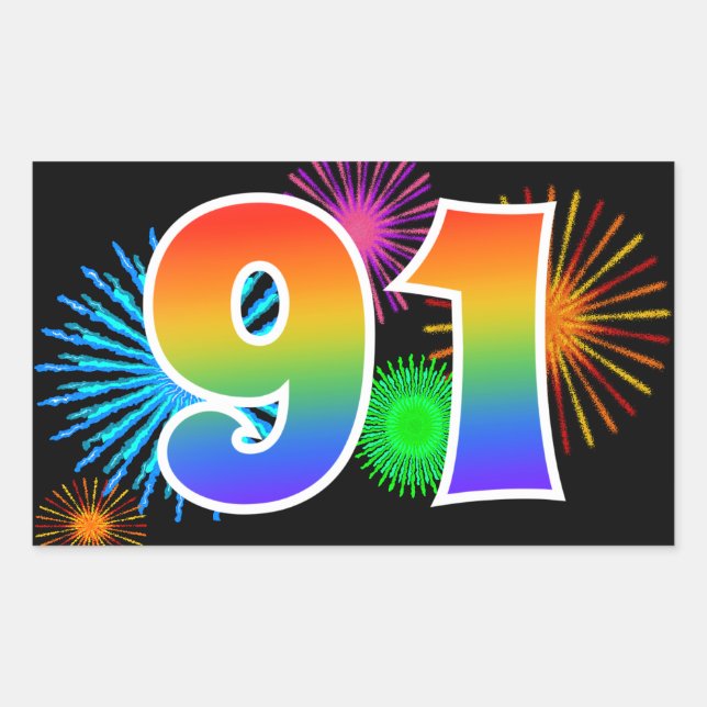 Fun Fireworks + Rainbow Pattern "91" Event Number Sticker (Front)