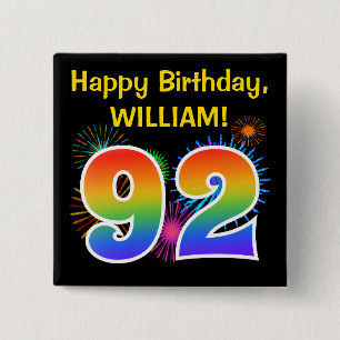 Fun Fireworks + Rainbow Pattern "92" Birthday # 2 Inch Square Button