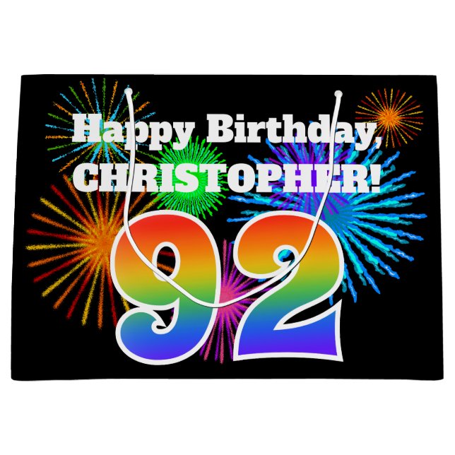Fun Fireworks + Rainbow Pattern "92" Birthday # Large Gift Bag (Front)