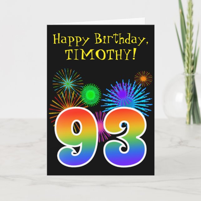 Fun Fireworks + Rainbow Pattern "93" Birthday # Card (Front)
