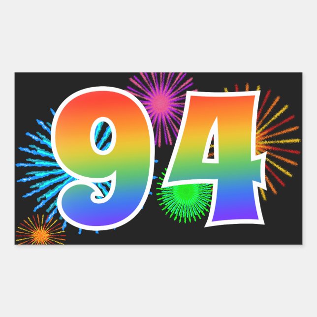 Fun Fireworks + Rainbow Pattern "94" Event Number Sticker (Front)