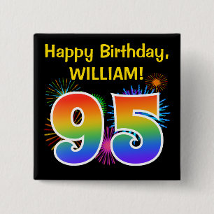 Fun Fireworks + Rainbow Pattern "95" Birthday # 2 Inch Square Button