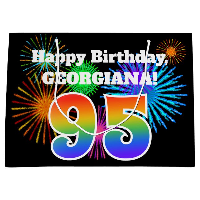 Fun Fireworks + Rainbow Pattern "95" Birthday # Large Gift Bag (Front)