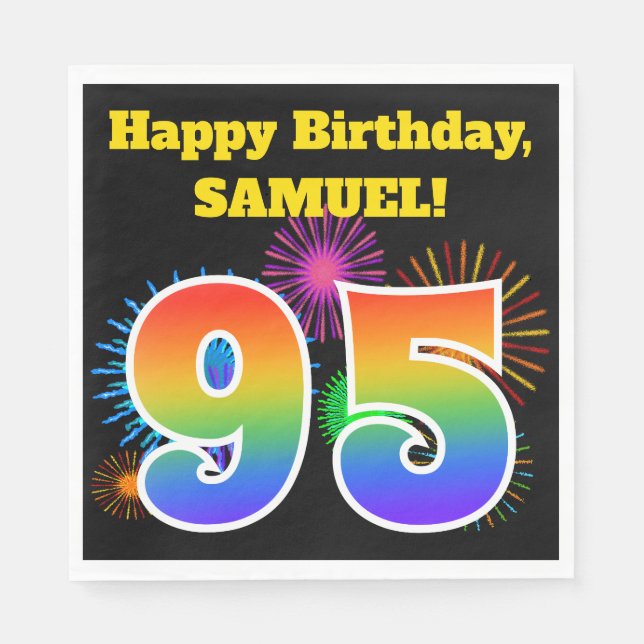 Fun Fireworks + Rainbow Pattern "95" Birthday # Napkin (Front)