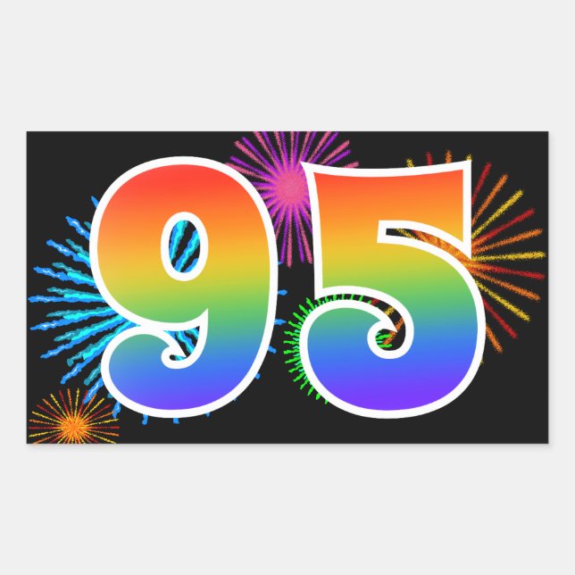 Fun Fireworks + Rainbow Pattern "95" Event Number Sticker (Front)