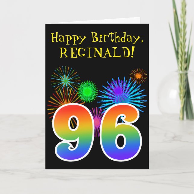 Fun Fireworks + Rainbow Pattern "96" Birthday # Card (Front)