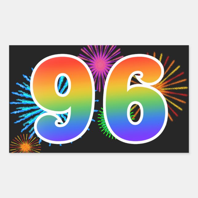 Fun Fireworks + Rainbow Pattern "96" Event Number Sticker (Front)