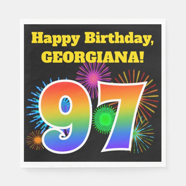 Fun Fireworks + Rainbow Pattern "97" Birthday # Napkin (Front)