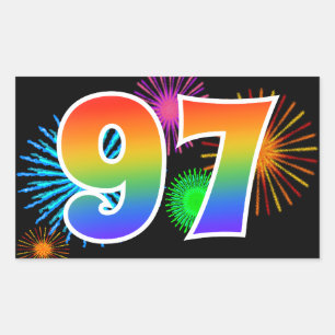 Fun Fireworks + Rainbow Pattern "97" Event Number Sticker