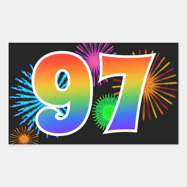 Fun Fireworks + Rainbow Pattern "97" Event Number Sticker (Front)