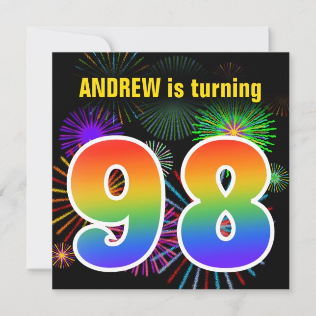 Fun Fireworks + Rainbow Pattern "98" Birthday # Invitation (Front)