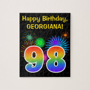 Fun Fireworks + Rainbow Pattern "98" Birthday # Jigsaw Puzzle