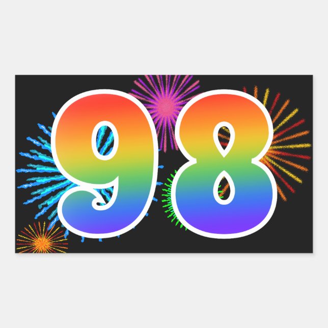 Fun Fireworks + Rainbow Pattern "98" Event Number Sticker (Front)