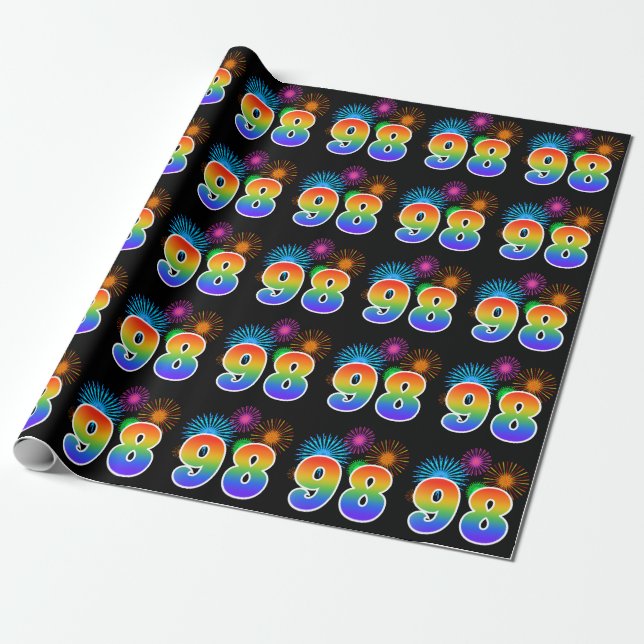Fun Fireworks + Rainbow Pattern "98" Event Number Wrapping Paper (Unrolled)