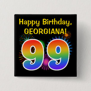 Fun Fireworks + Rainbow Pattern "99" Birthday # 2 Inch Square Button