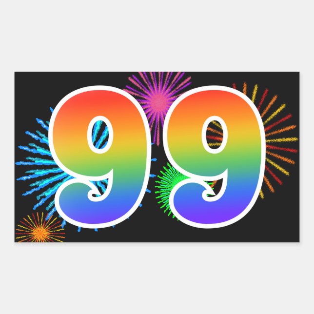 Fun Fireworks + Rainbow Pattern "99" Event Number Sticker (Front)