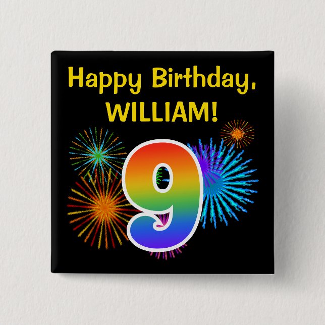 Fun Fireworks + Rainbow Pattern "9" Birthday # 2 Inch Square Button (Front)