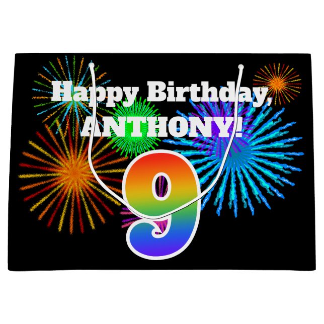Fun Fireworks + Rainbow Pattern "9" Birthday # Large Gift Bag (Front)