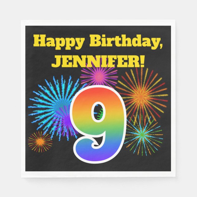 Fun Fireworks + Rainbow Pattern "9" Birthday # Napkin (Front)
