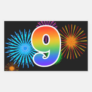 Fun Fireworks + Rainbow Pattern "9" Event Number Sticker