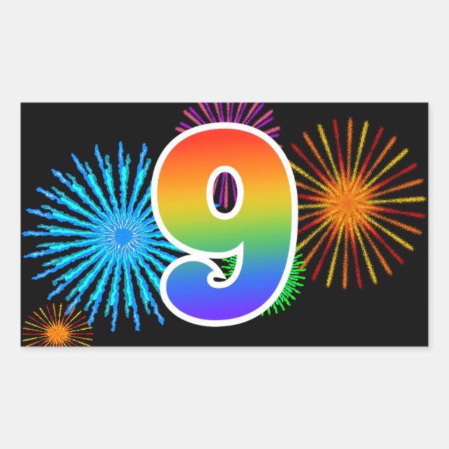 Fun Fireworks + Rainbow Pattern "9" Event Number Sticker (Front)
