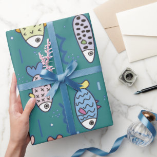 Fun Fish Doodle Teal Ocean Water Pisces Birthday Wrapping Paper