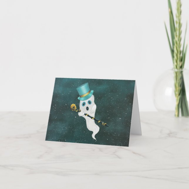 Fun Floating Ghost in Sky Blue Green Hat Skull Card (Front)