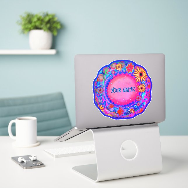 Fun Floral Custom Name Pink Inspirivity Sticker (Laptop On Desk)