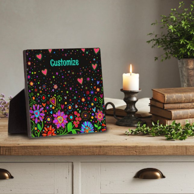 Fun Floral Heart Whimsical Personalized Black Plaque (Creator Uploaded)