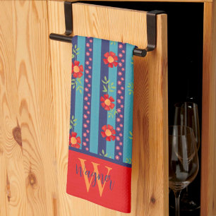 Fun Floral Stripe Stylish Custom Initial Last Name Kitchen Towel