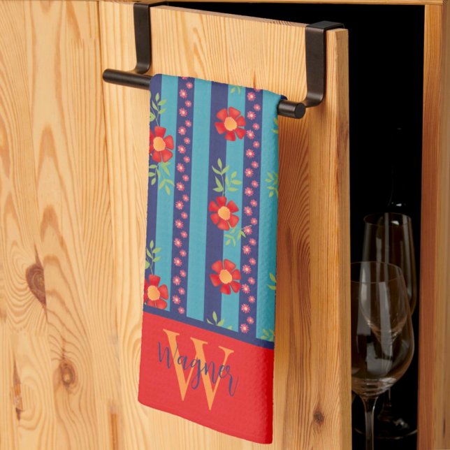 Fun Floral Stripe Stylish Custom Initial Last Name Kitchen Towel (Creator Uploaded)