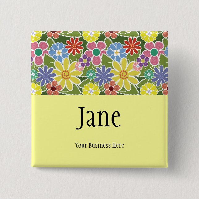Fun Florals Bright Name Badge Button (Front)