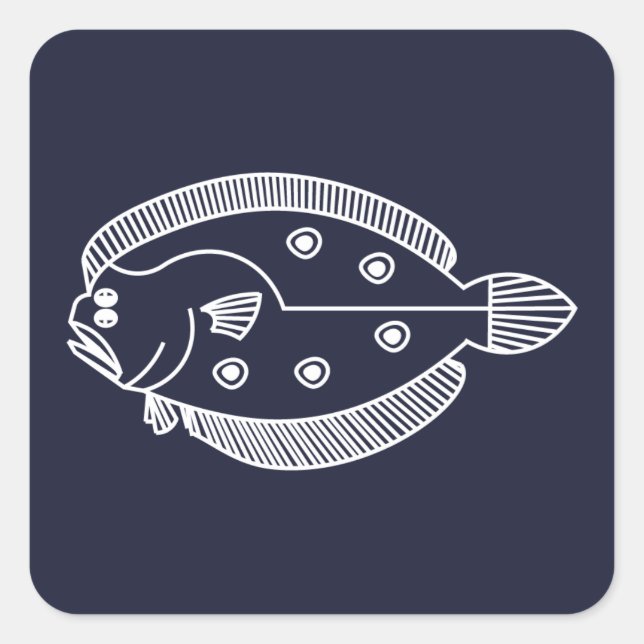 Fun Flounder Fish in White on Deepest Blue Square Sticker (Front)