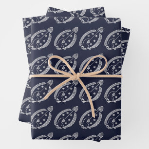 Fun Flounder Fish in White on Deepest Blue Wrapping Paper Sheet