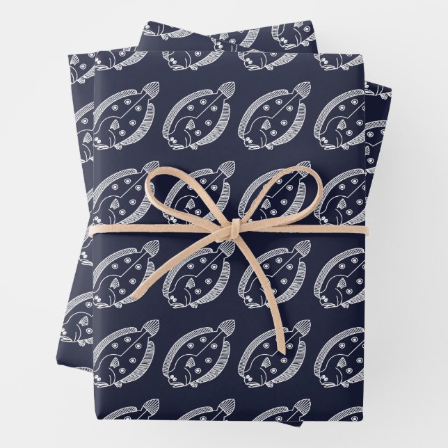 Fun Flounder Fish in White on Deepest Blue Wrapping Paper Sheet (In situ)