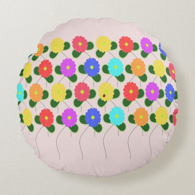 Fun Flowers on Pink Round Pillow (Front)