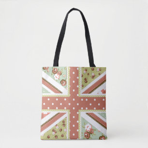 Fun Folk Quilt British Union Jack Flowers browns Tote Bag