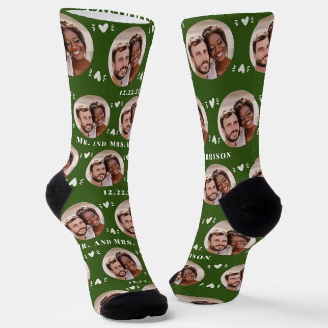 Fun Forest Green Newlyweds Photo Pattern Socks (Angled)