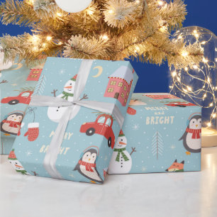 Fun Fox Snowman Penguin and Car Christmas Wrapping Paper