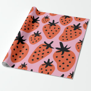 Fun free hand flower and strawberry drawing. Seaml Wrapping Paper