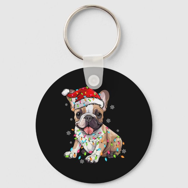 Fun French Bulldog Dog Tree Christmas Lights Xmas  Keychain (Front)