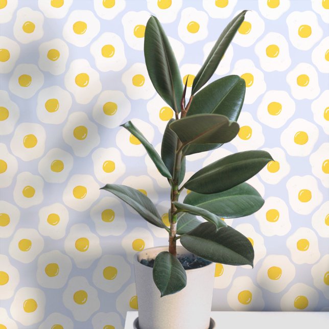 Fun Fried Eggs Blue Pattern Wallpaper (Fun fried egg food art peel and stick wallpaper for kitchen, diner, cafe or restaurant)