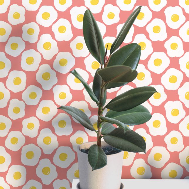 Fun Fried Eggs Coral Pink Pattern Wallpaper (Fun fried egg food art peel and stick wallpaper for kitchen, diner, cafe or restaurant)