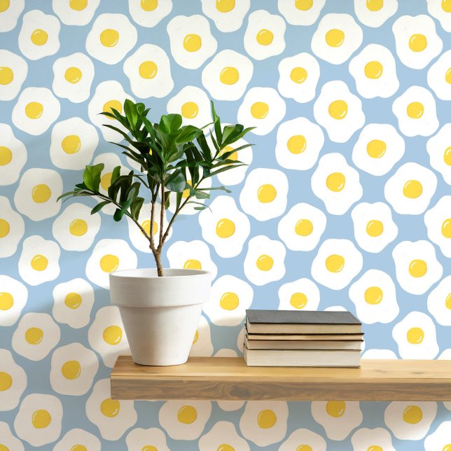 Fun Fried Eggs Teal Blue Pattern Wallpaper (Fun fried egg food art peel and stick wallpaper for kitchen, diner, cafe or restaurant)