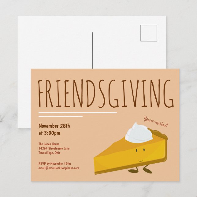 Fun Friendsgiving Smiling Pumpkin Pie Holiday Invitation Postcard (Front/Back)