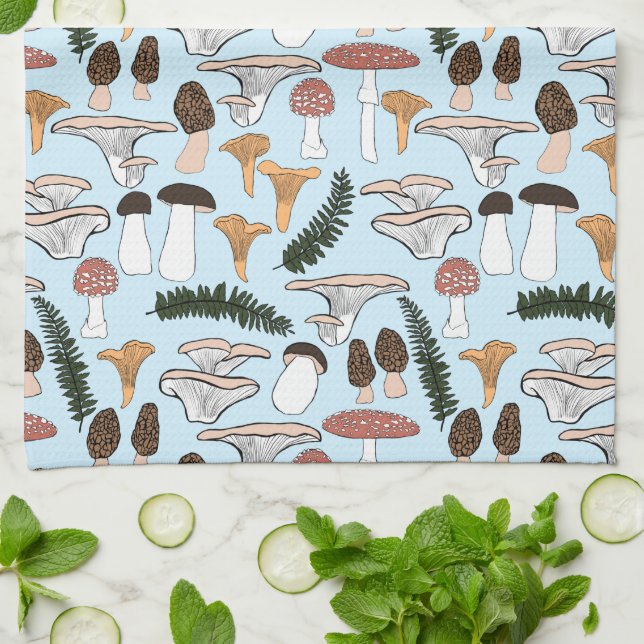 Fun Fungi Mushroom Fern Pattern Kitchen Towel (Folded)